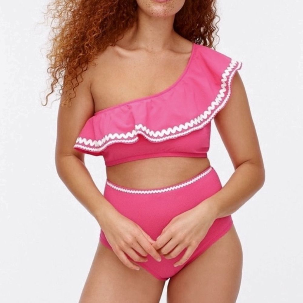 NWT J. Crew Ruffle Bikini Set Sz Medium One Shoulder High Waist Sweet Briar Pink